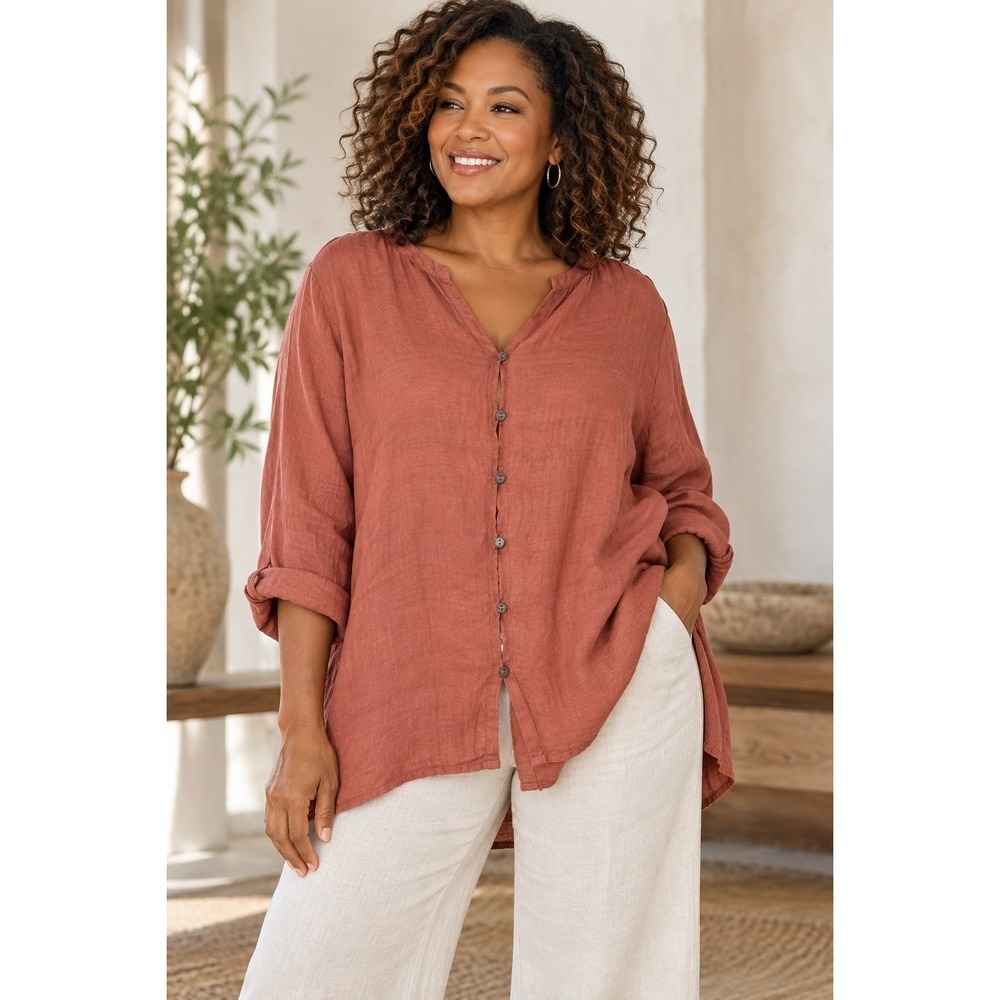 J Jill Pure Jill 100% Linen Tunic XL Terracotta Button Front Lagenlook Top